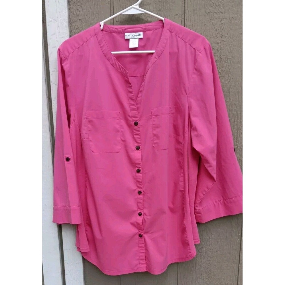 Rebecca Malone Women's 1X Deep Pink 3/4 Sleeve Button Up Shirt Size‎ Band Collar